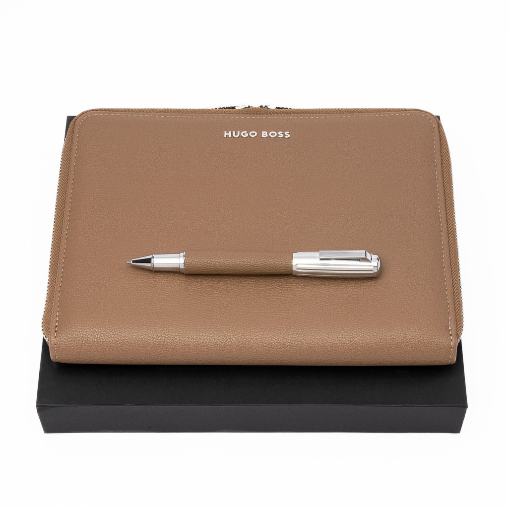 HUGO BOSS Iconic Pebbles Camel Rollerball Pen & A5 Conference Folder Gift Set
